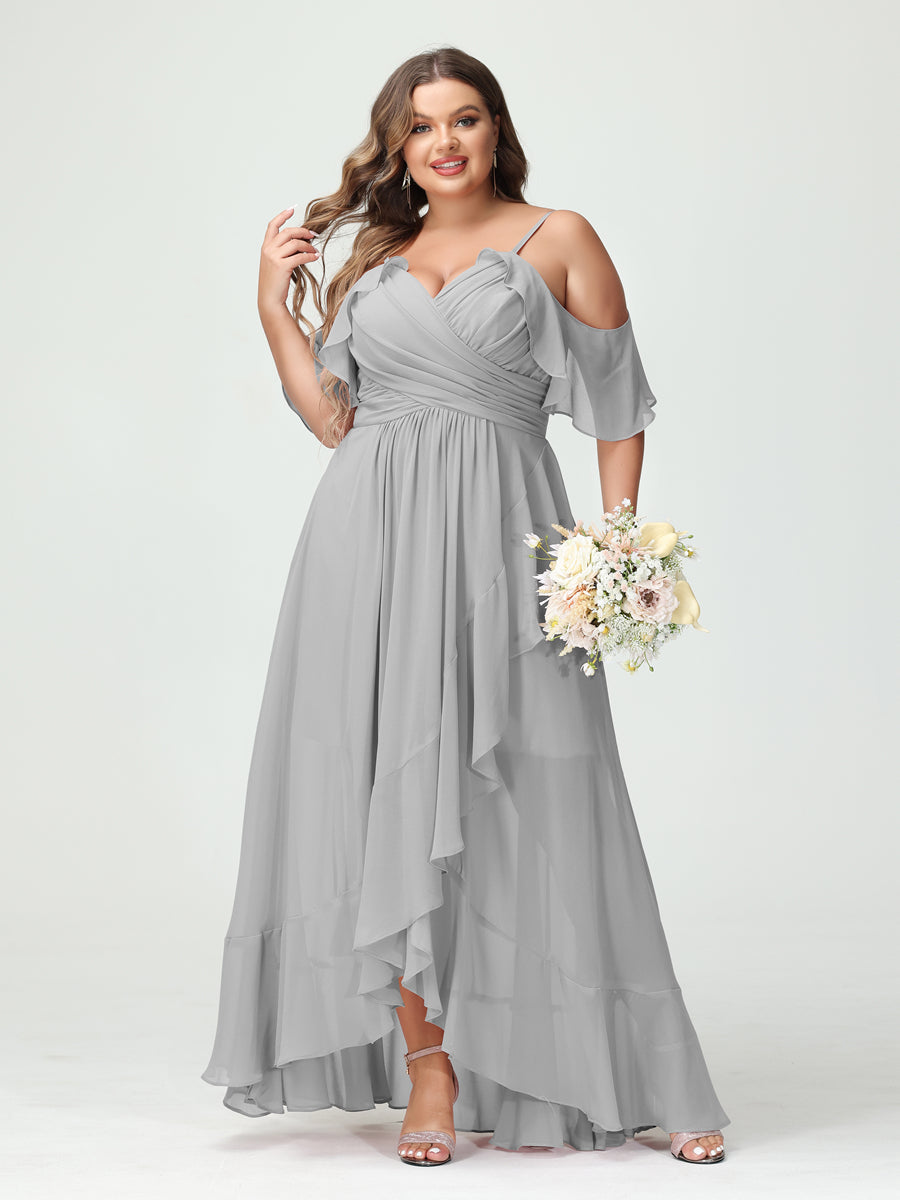 Plus Size Chiffon Bridesmaid Dress with Ruffles – A-Line, Princess Cut, Spaghetti Straps, V-Neck, Short Sleeves, Asymmetrical-BMbridal.UK