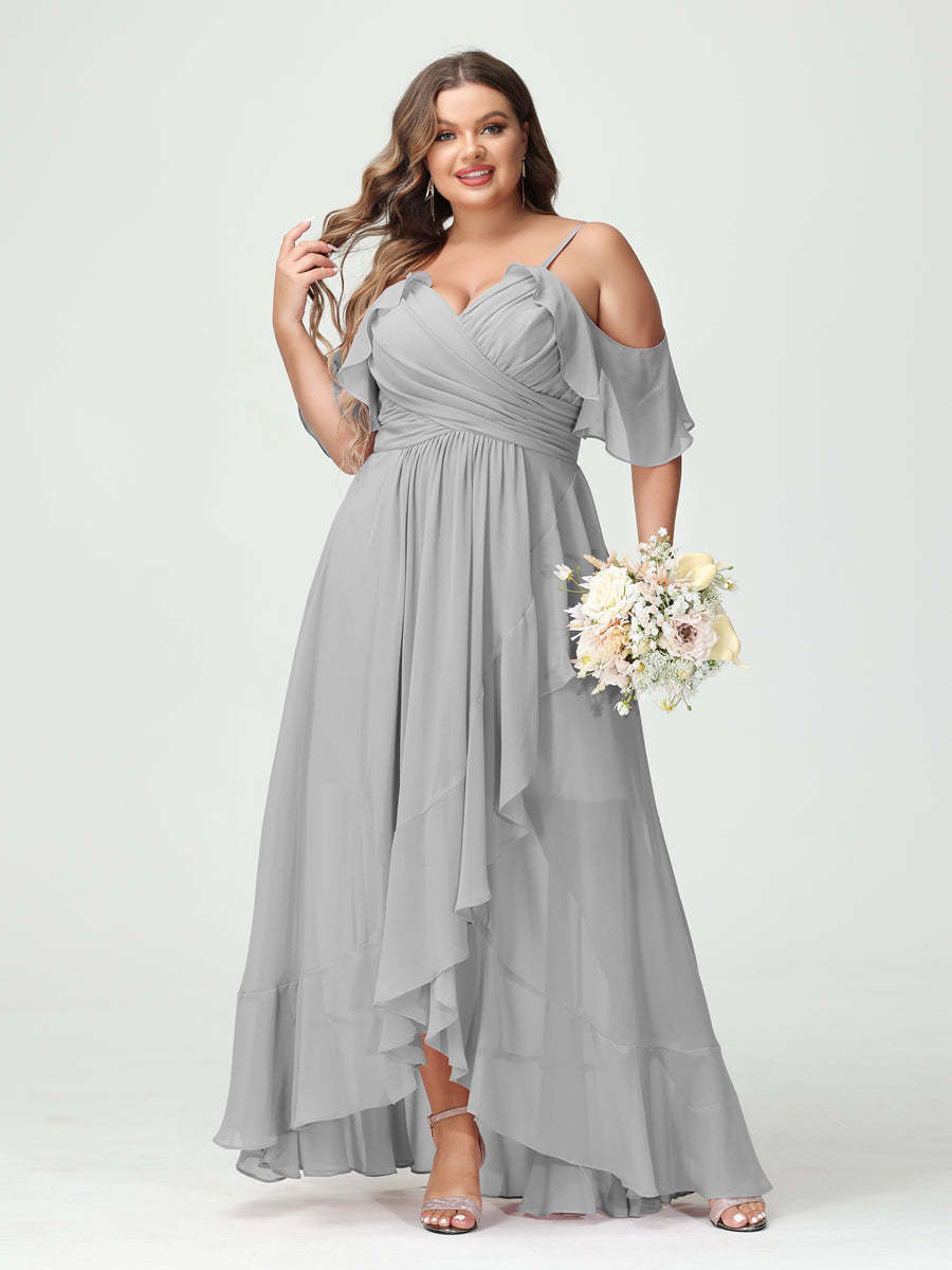 Plus Size Chiffon Bridesmaid Dress with Ruffles – A-Line, Princess Cut, Spaghetti Straps, V-Neck, Short Sleeves, Asymmetrical-BMbridal.UK