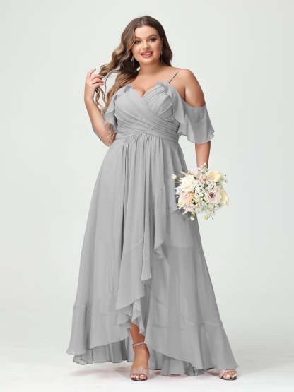 Plus Size Chiffon Bridesmaid Dress with Ruffles – A-Line, Princess Cut, Spaghetti Straps, V-Neck, Short Sleeves, Asymmetrical-BMbridal.UK