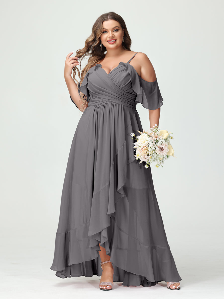 Plus Size Chiffon Bridesmaid Dress with Ruffles – A-Line, Princess Cut, Spaghetti Straps, V-Neck, Short Sleeves, Asymmetrical-BMbridal.UK