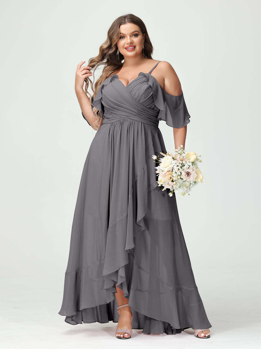 Plus Size Chiffon Bridesmaid Dress with Ruffles – A-Line, Princess Cut, Spaghetti Straps, V-Neck, Short Sleeves, Asymmetrical-BMbridal.UK