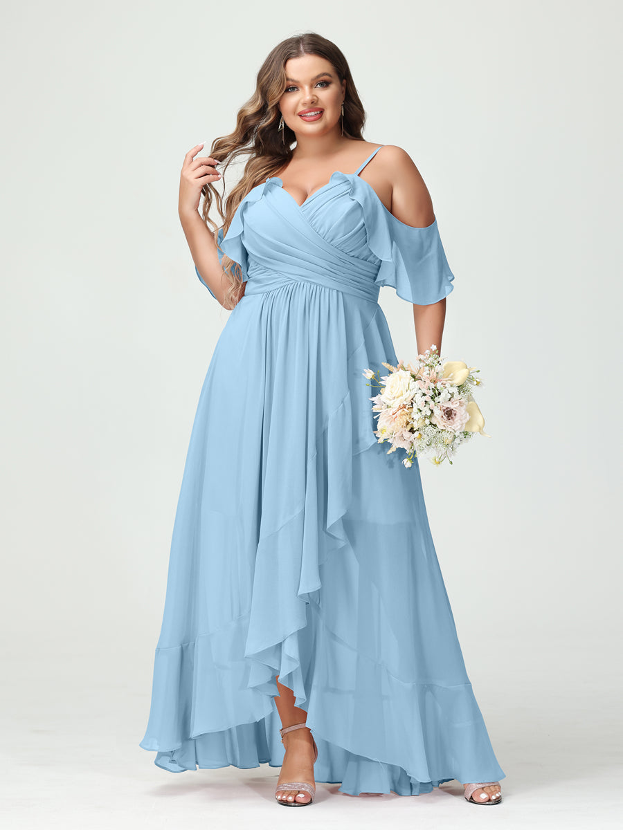 Plus Size Chiffon Bridesmaid Dress with Ruffles – A-Line, Princess Cut, Spaghetti Straps, V-Neck, Short Sleeves, Asymmetrical-BMbridal.UK