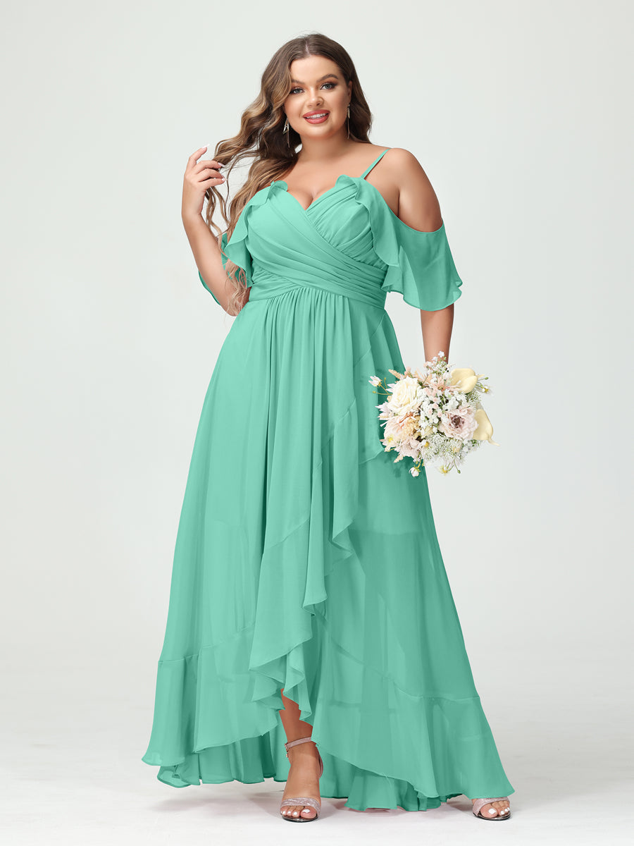Plus Size Chiffon Bridesmaid Dress with Ruffles – A-Line, Princess Cut, Spaghetti Straps, V-Neck, Short Sleeves, Asymmetrical-BMbridal.UK