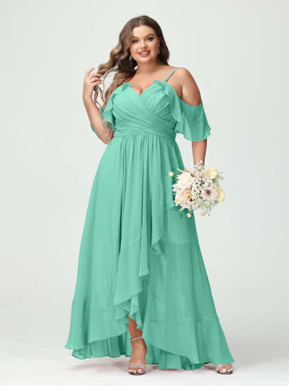 Plus Size Chiffon Bridesmaid Dress with Ruffles – A-Line, Princess Cut, Spaghetti Straps, V-Neck, Short Sleeves, Asymmetrical-BMbridal.UK