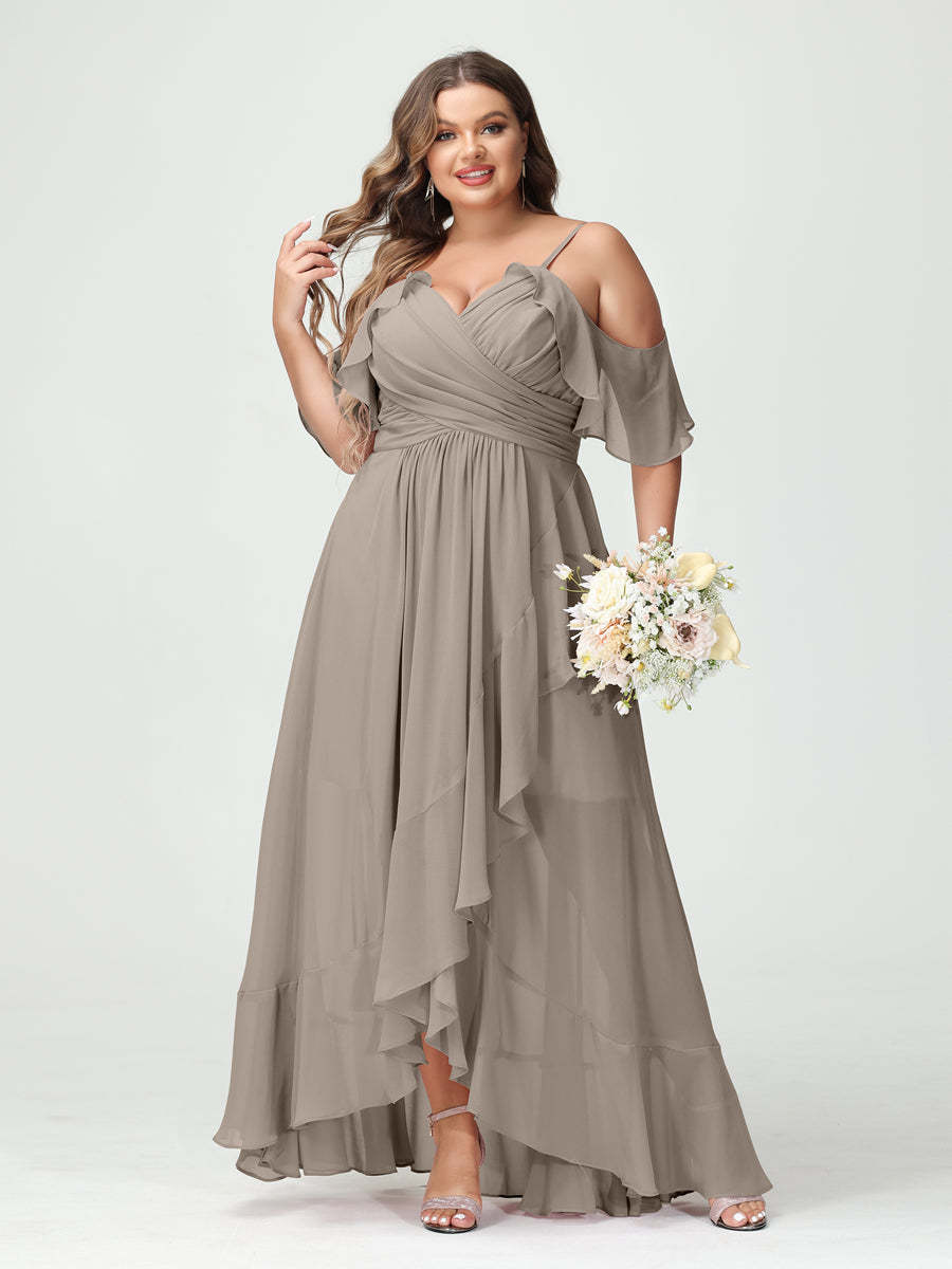 Plus Size Chiffon Bridesmaid Dress with Ruffles – A-Line, Princess Cut, Spaghetti Straps, V-Neck, Short Sleeves, Asymmetrical-BMbridal.UK