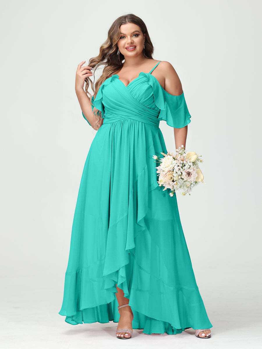 Plus Size Chiffon Bridesmaid Dress with Ruffles – A-Line, Princess Cut, Spaghetti Straps, V-Neck, Short Sleeves, Asymmetrical-BMbridal.UK