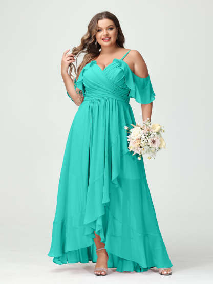 Plus Size Chiffon Bridesmaid Dress with Ruffles – A-Line, Princess Cut, Spaghetti Straps, V-Neck, Short Sleeves, Asymmetrical-BMbridal.UK