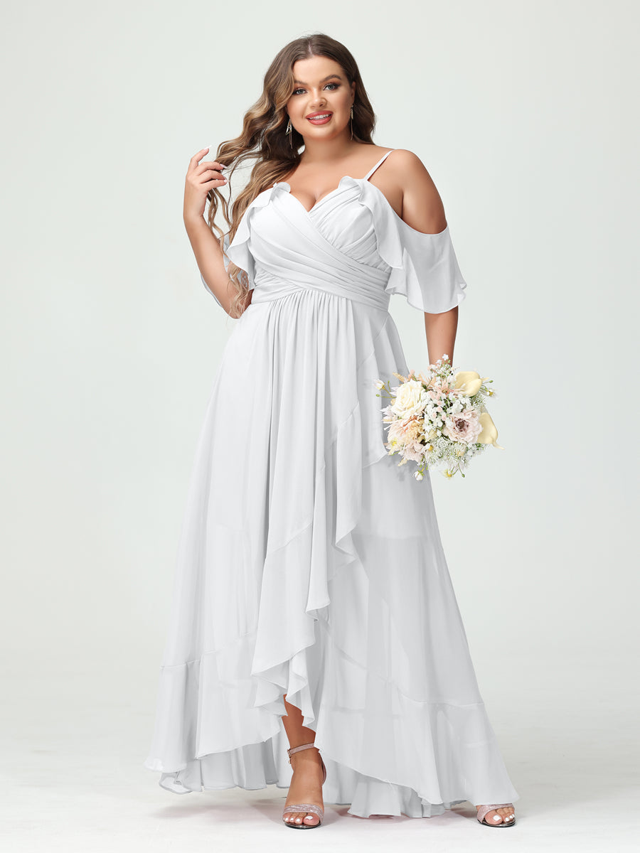 Plus Size Chiffon Bridesmaid Dress with Ruffles – A-Line, Princess Cut, Spaghetti Straps, V-Neck, Short Sleeves, Asymmetrical-BMbridal.UK