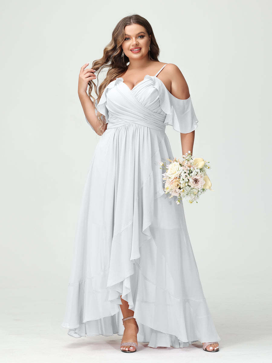 Plus Size Chiffon Bridesmaid Dress with Ruffles – A-Line, Princess Cut, Spaghetti Straps, V-Neck, Short Sleeves, Asymmetrical-BMbridal.UK
