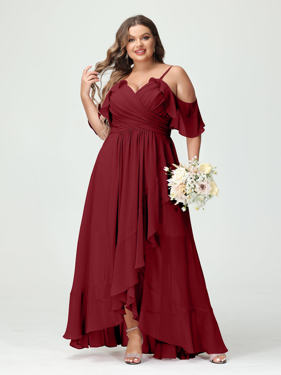 Plus Size Chiffon Bridesmaid Dress with Ruffles – A-Line, Princess Cut, Spaghetti Straps, V-Neck, Short Sleeves, Asymmetrical-BMbridal.UK