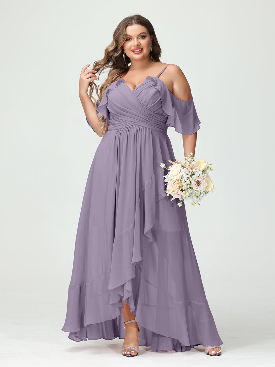 Plus Size Chiffon Bridesmaid Dress with Ruffles – A-Line, Princess Cut, Spaghetti Straps, V-Neck, Short Sleeves, Asymmetrical-BMbridal.UK