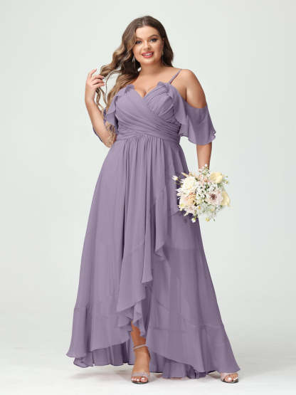 Plus Size Chiffon Bridesmaid Dress with Ruffles – A-Line, Princess Cut, Spaghetti Straps, V-Neck, Short Sleeves, Asymmetrical-BMbridal.UK