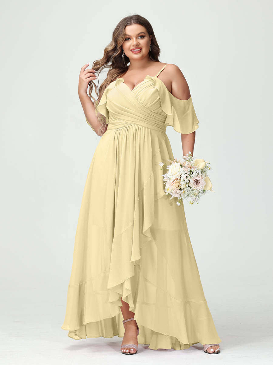 Plus Size Chiffon Bridesmaid Dress with Ruffles – A-Line, Princess Cut, Spaghetti Straps, V-Neck, Short Sleeves, Asymmetrical-BMbridal.UK