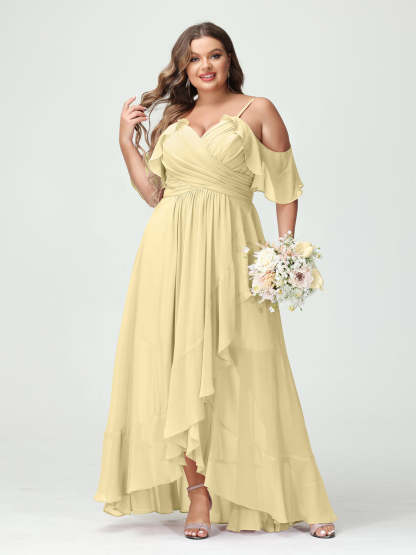 Plus Size Chiffon Bridesmaid Dress with Ruffles – A-Line, Princess Cut, Spaghetti Straps, V-Neck, Short Sleeves, Asymmetrical-BMbridal.UK