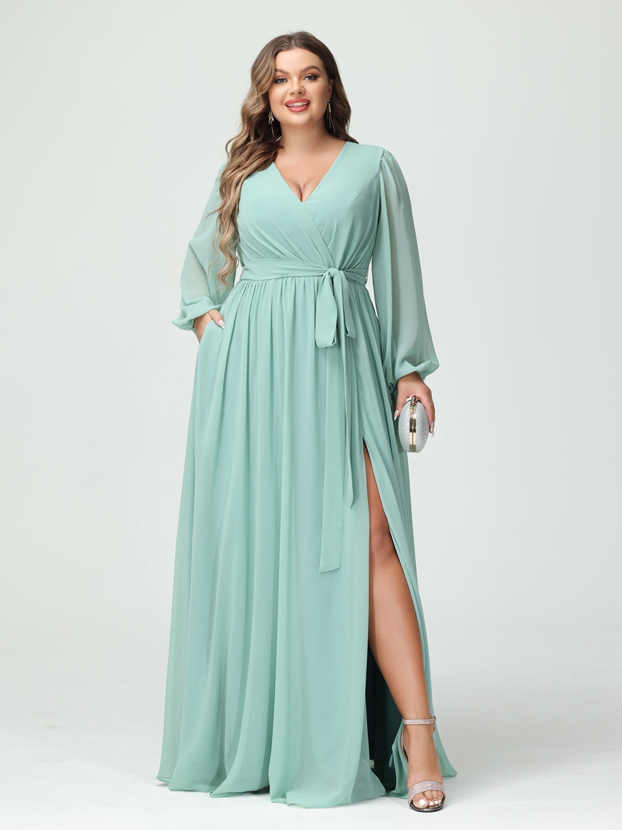 Plus Size Chiffon Bridesmaid Dresses with Pockets – A-Line/Princess V-Neck Long Sleeves