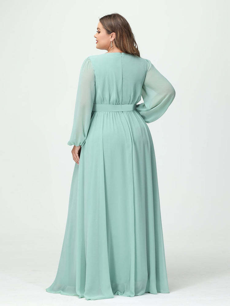 Plus Size Chiffon Bridesmaid Dresses with Pockets – A-Line/Princess V-Neck Long Sleeves