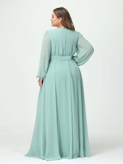Plus Size Chiffon Bridesmaid Dresses with Pockets – A-Line/Princess V-Neck Long Sleeves