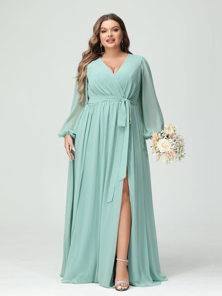 Plus Size Chiffon Bridesmaid Dresses with Pockets – A-Line/Princess V-Neck Long Sleeves