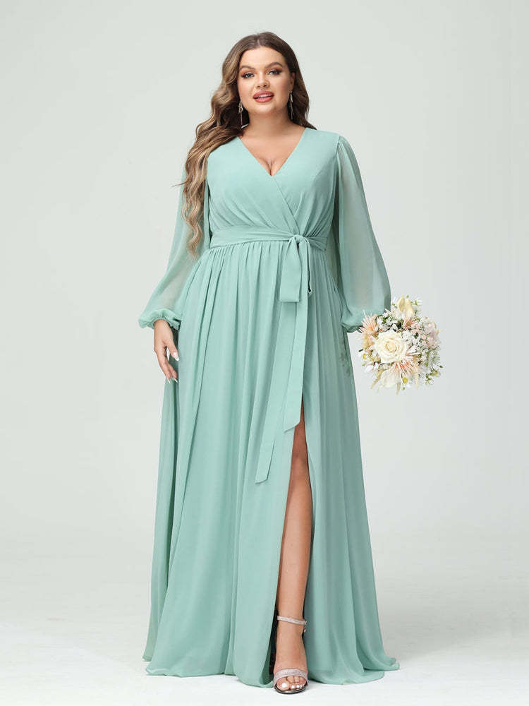 Plus Size Chiffon Bridesmaid Dresses with Pockets – A-Line/Princess V-Neck Long Sleeves