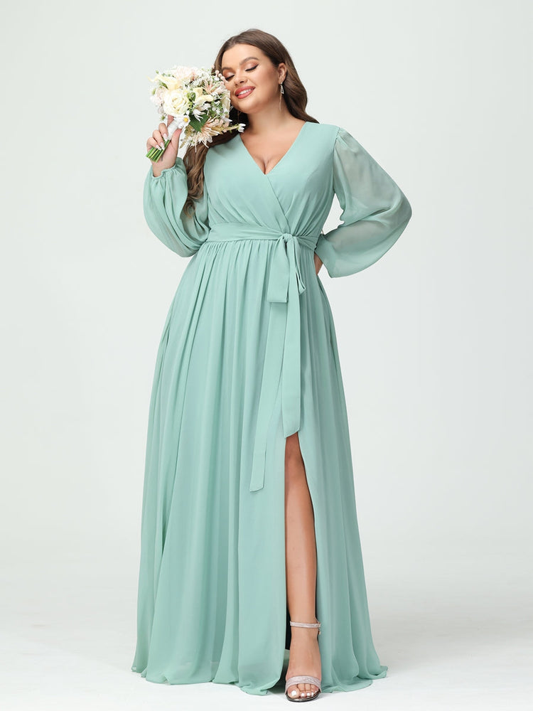 Plus Size Chiffon Bridesmaid Dresses with Pockets – A-Line/Princess V-Neck Long Sleeves