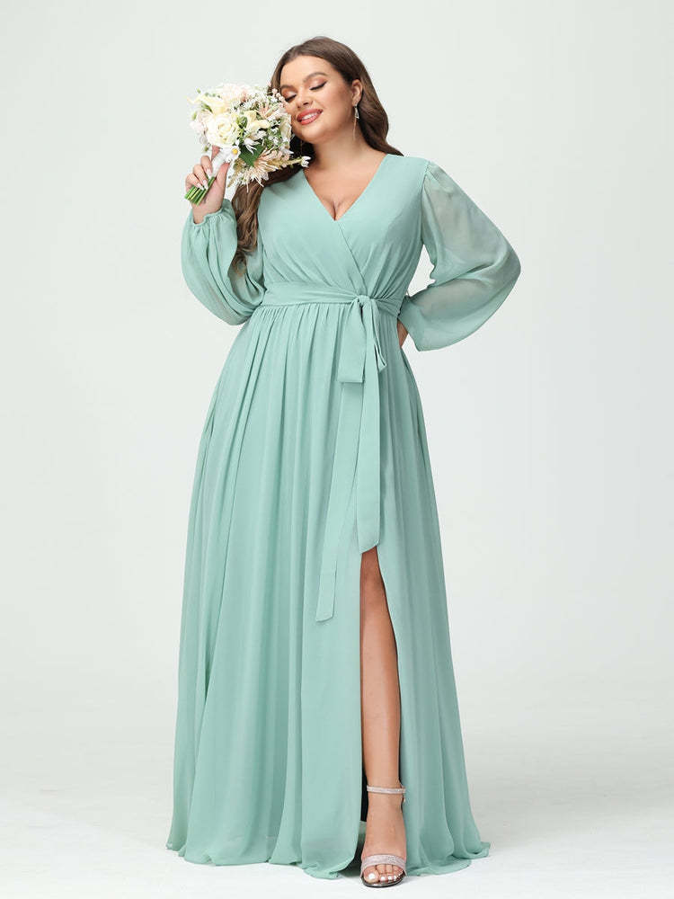 Plus Size Chiffon Bridesmaid Dresses with Pockets – A-Line/Princess V-Neck Long Sleeves