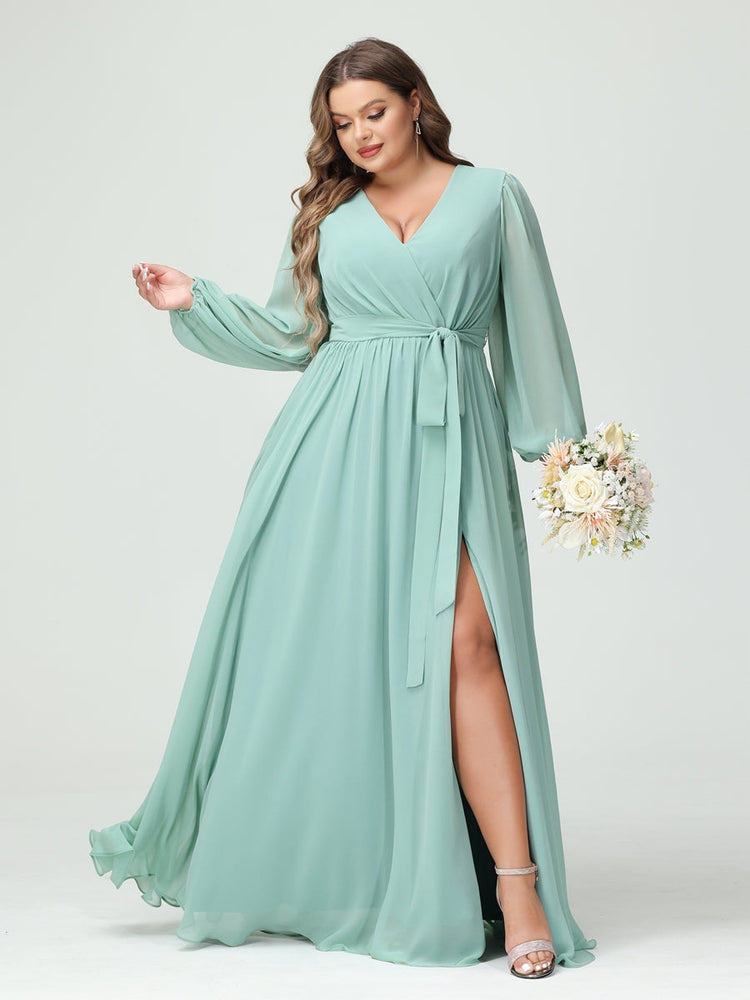 Plus Size Chiffon Bridesmaid Dresses with Pockets – A-Line/Princess V-Neck Long Sleeves