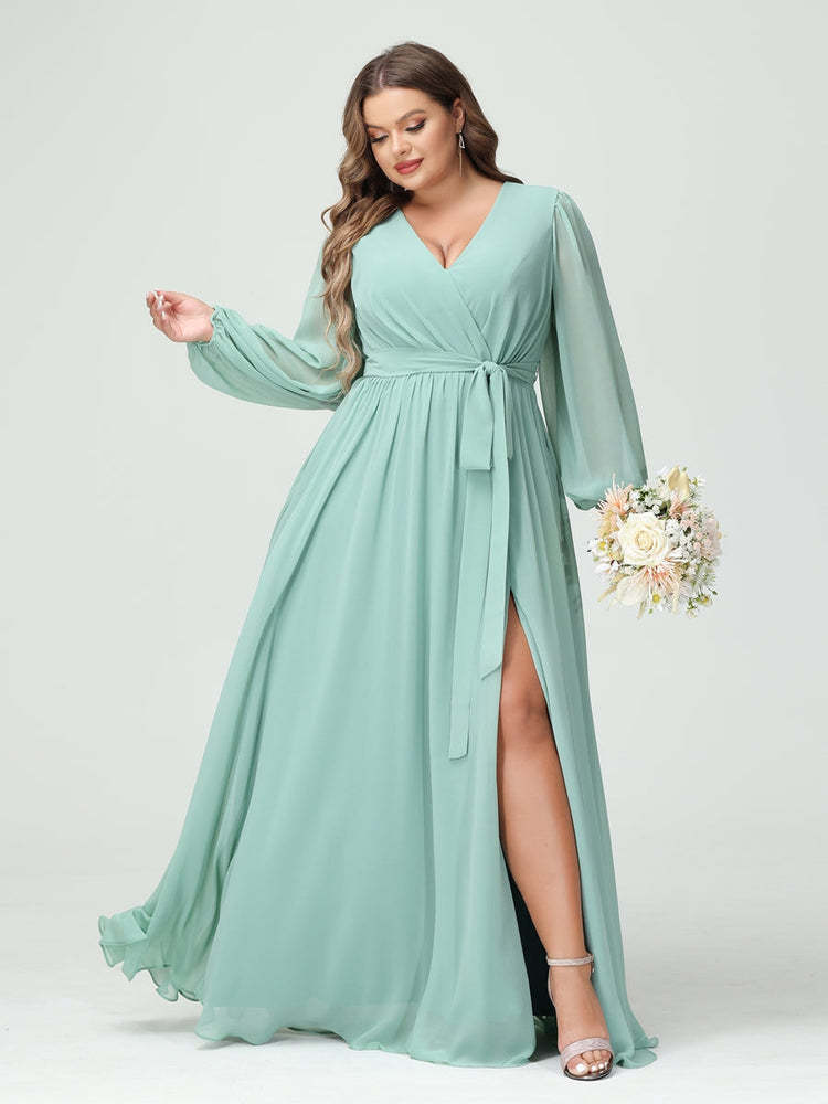 Plus Size Chiffon Bridesmaid Dresses with Pockets – A-Line/Princess V-Neck Long Sleeves