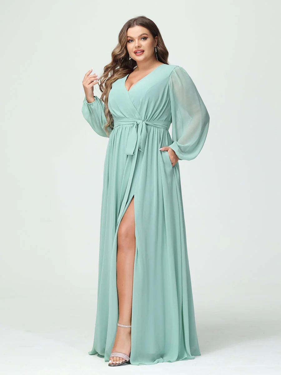 Plus Size Chiffon Bridesmaid Dresses with Pockets – A-Line/Princess V-Neck Long Sleeves