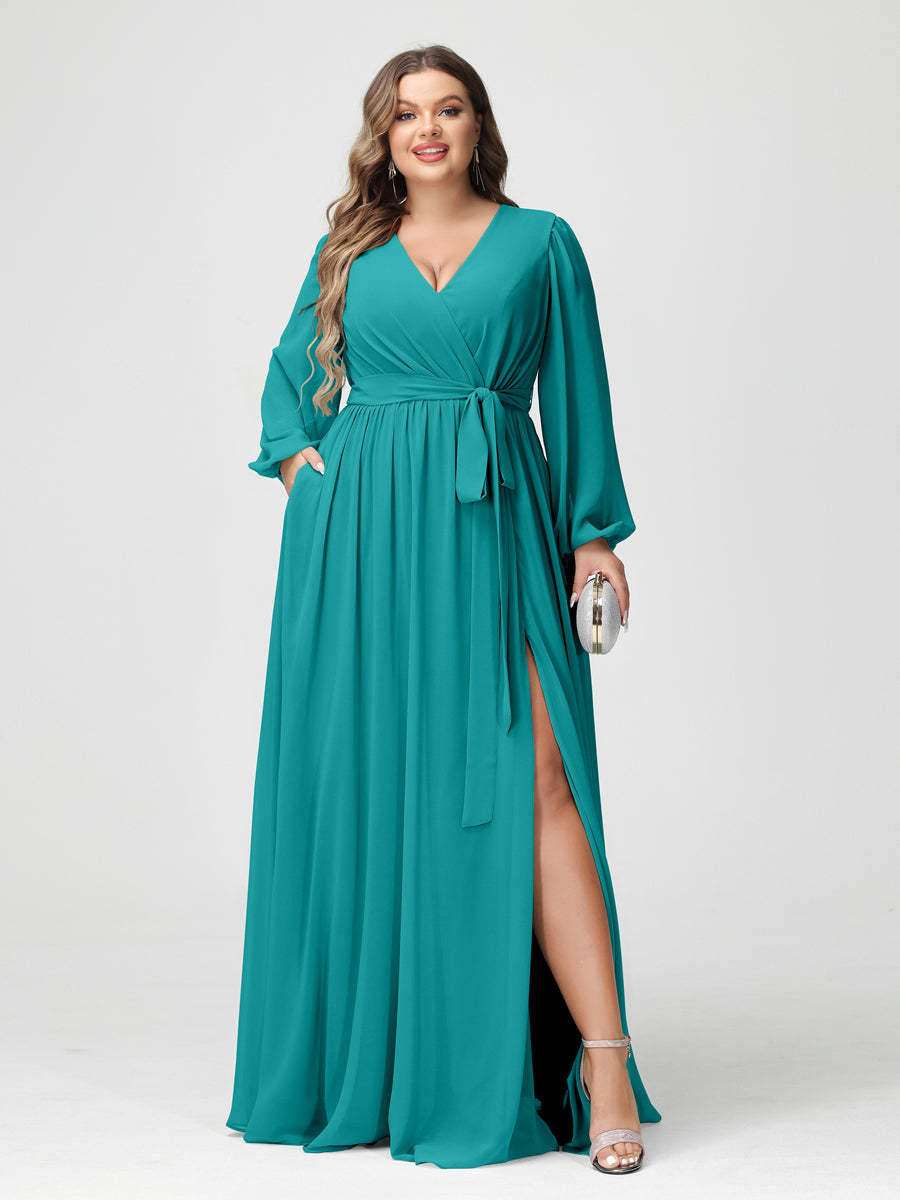 Plus Size Chiffon Bridesmaid Dresses with Pockets – A-Line/Princess V-Neck Long Sleeves