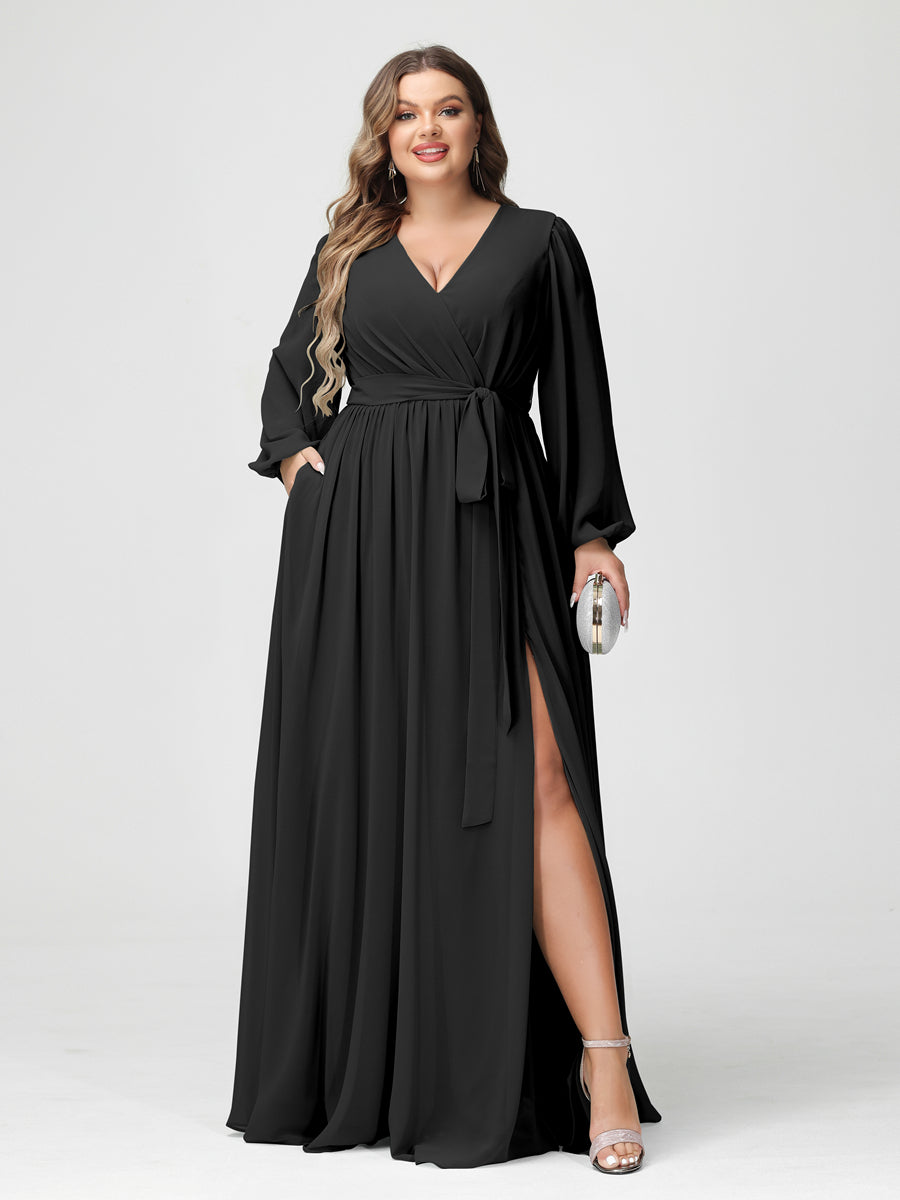 Plus Size Chiffon Bridesmaid Dresses with Pockets – A-Line/Princess V-Neck Long Sleeves
