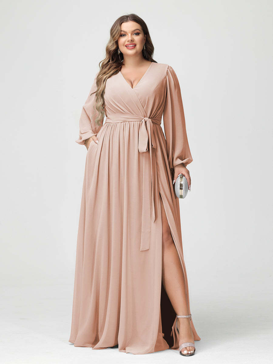 Plus Size Chiffon Bridesmaid Dresses with Pockets – A-Line/Princess V-Neck Long Sleeves
