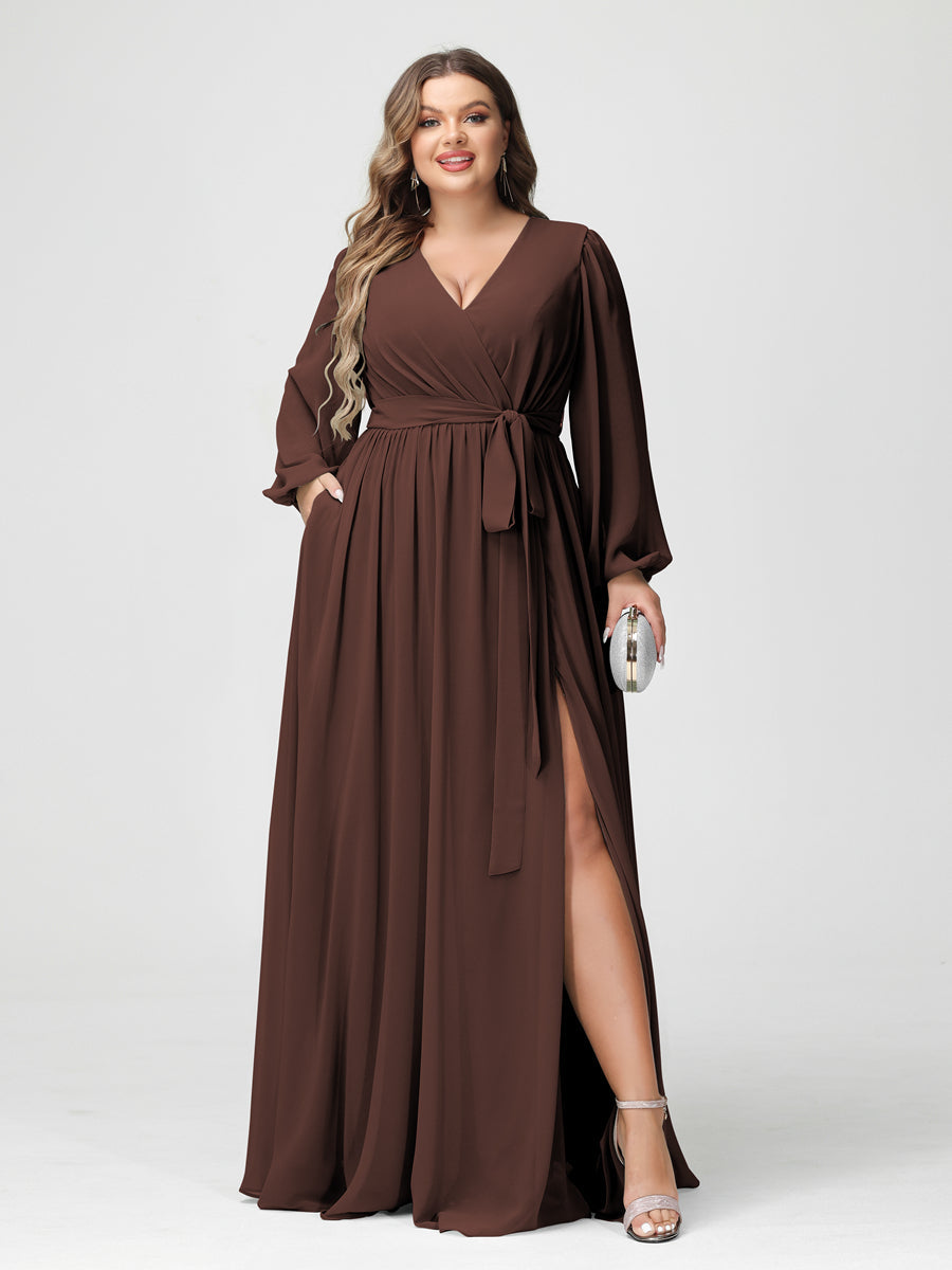 Plus Size Chiffon Bridesmaid Dresses with Pockets – A-Line/Princess V-Neck Long Sleeves