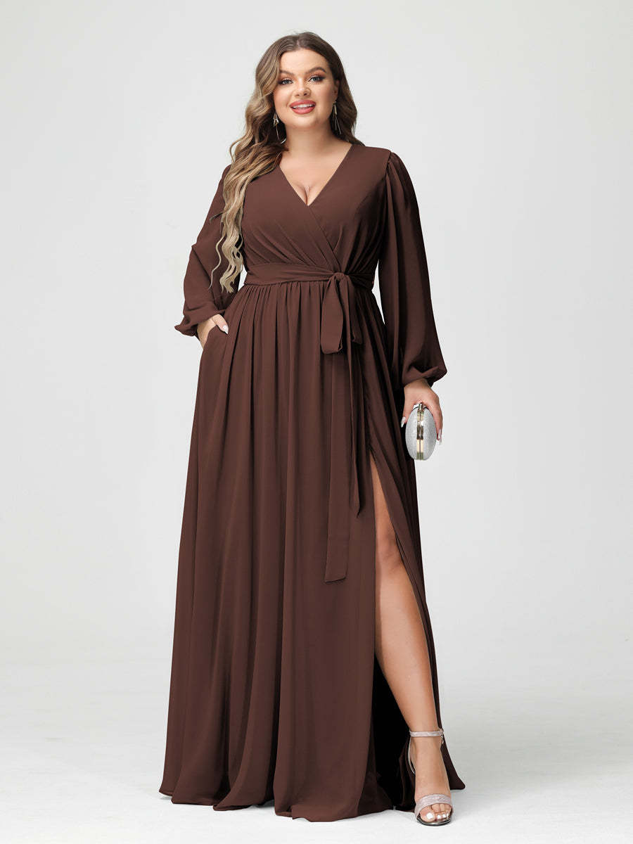 Plus Size Chiffon Bridesmaid Dresses with Pockets – A-Line/Princess V-Neck Long Sleeves
