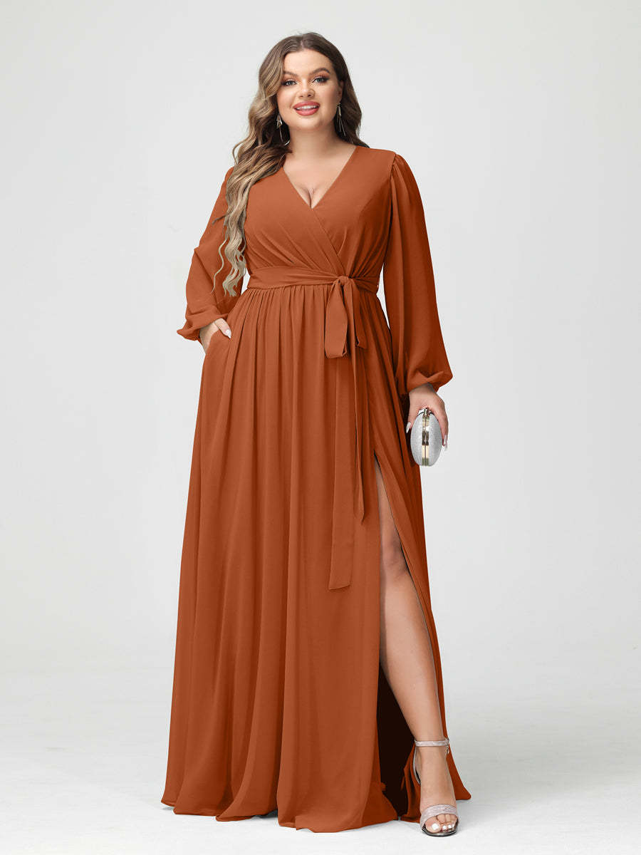 Plus Size Chiffon Bridesmaid Dresses with Pockets – A-Line/Princess V-Neck Long Sleeves