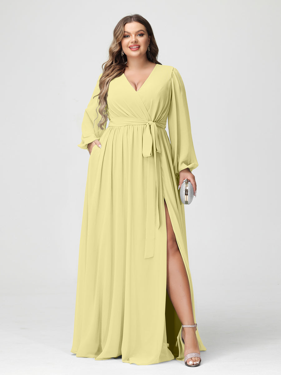 Plus Size Chiffon Bridesmaid Dresses with Pockets – A-Line/Princess V-Neck Long Sleeves
