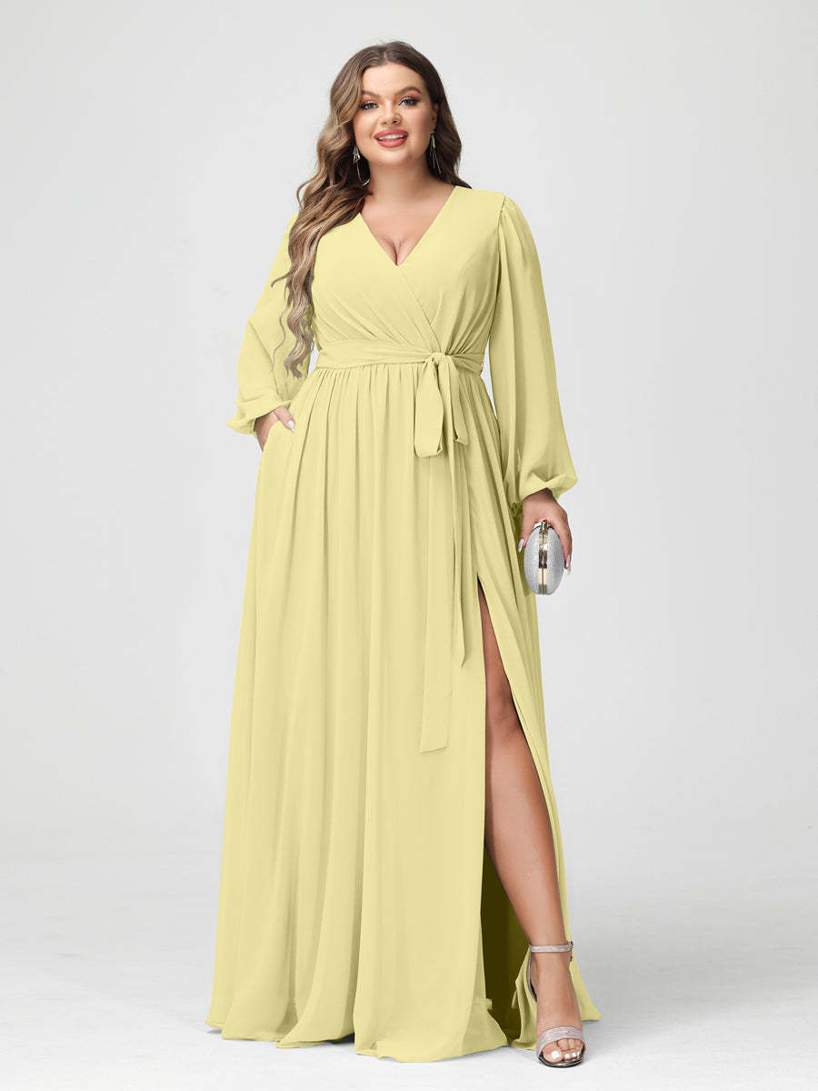 Plus Size Chiffon Bridesmaid Dresses with Pockets – A-Line/Princess V-Neck Long Sleeves