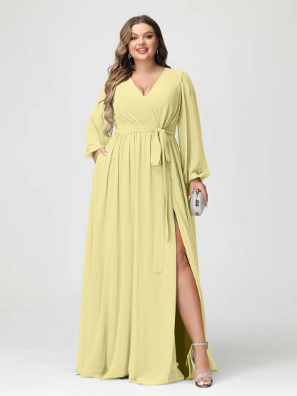 Plus Size Chiffon Bridesmaid Dresses with Pockets – A-Line/Princess V-Neck Long Sleeves