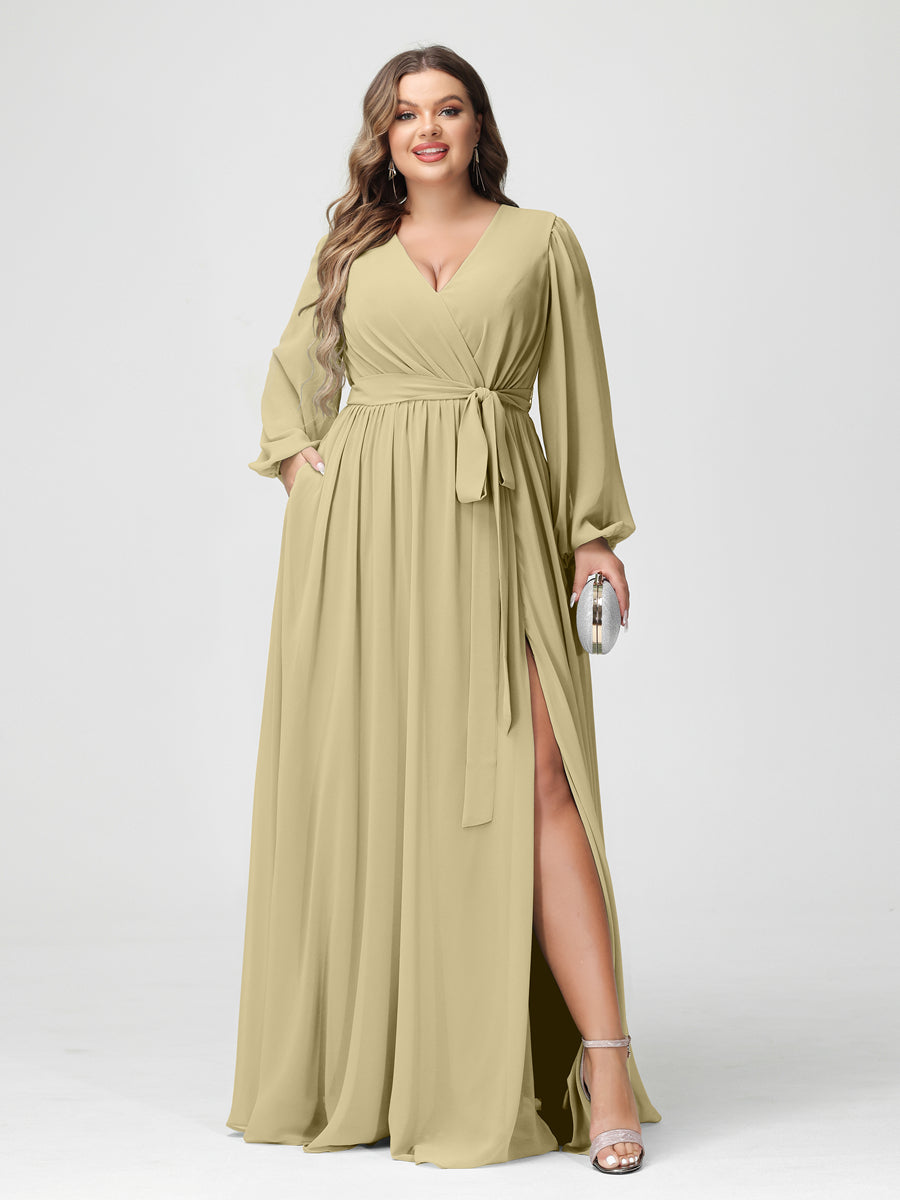 Plus Size Chiffon Bridesmaid Dresses with Pockets – A-Line/Princess V-Neck Long Sleeves