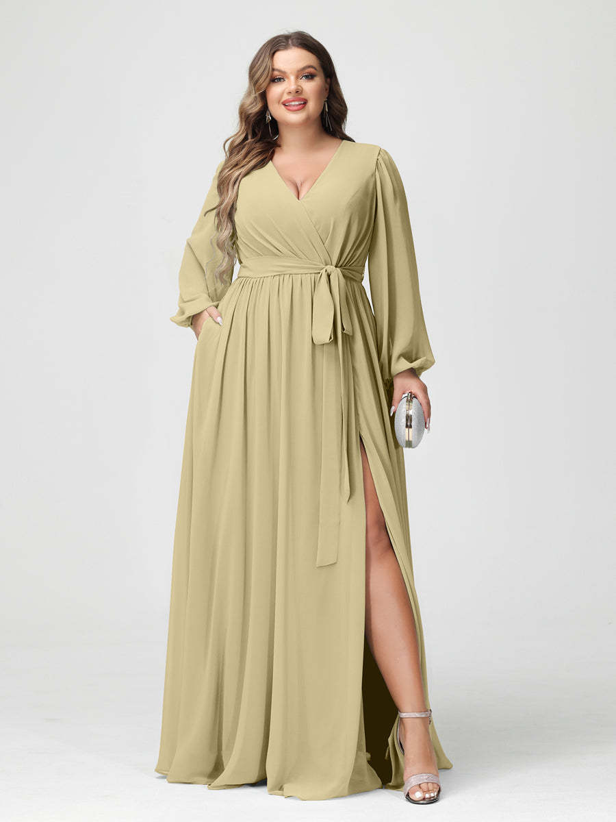 Plus Size Chiffon Bridesmaid Dresses with Pockets – A-Line/Princess V-Neck Long Sleeves