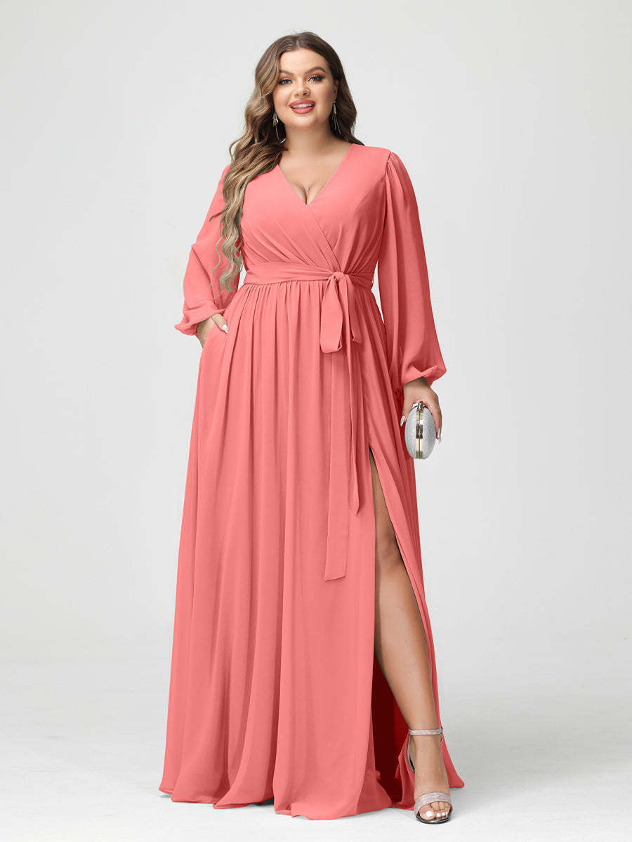 Plus Size Chiffon Bridesmaid Dresses with Pockets – A-Line/Princess V-Neck Long Sleeves