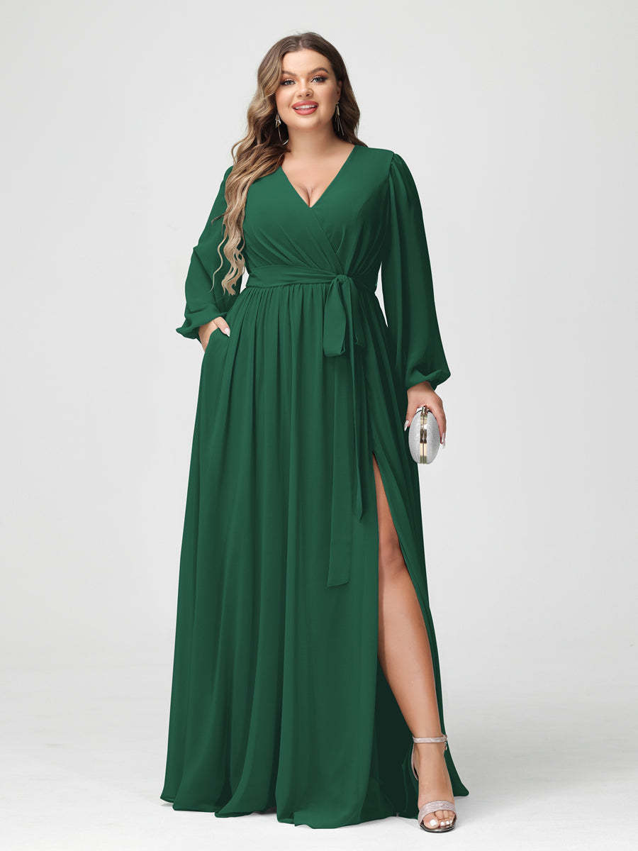 Plus Size Chiffon Bridesmaid Dresses with Pockets – A-Line/Princess V-Neck Long Sleeves