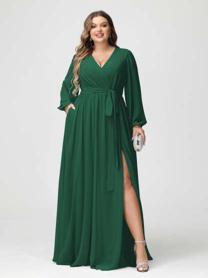 Plus Size Chiffon Bridesmaid Dresses with Pockets – A-Line/Princess V-Neck Long Sleeves