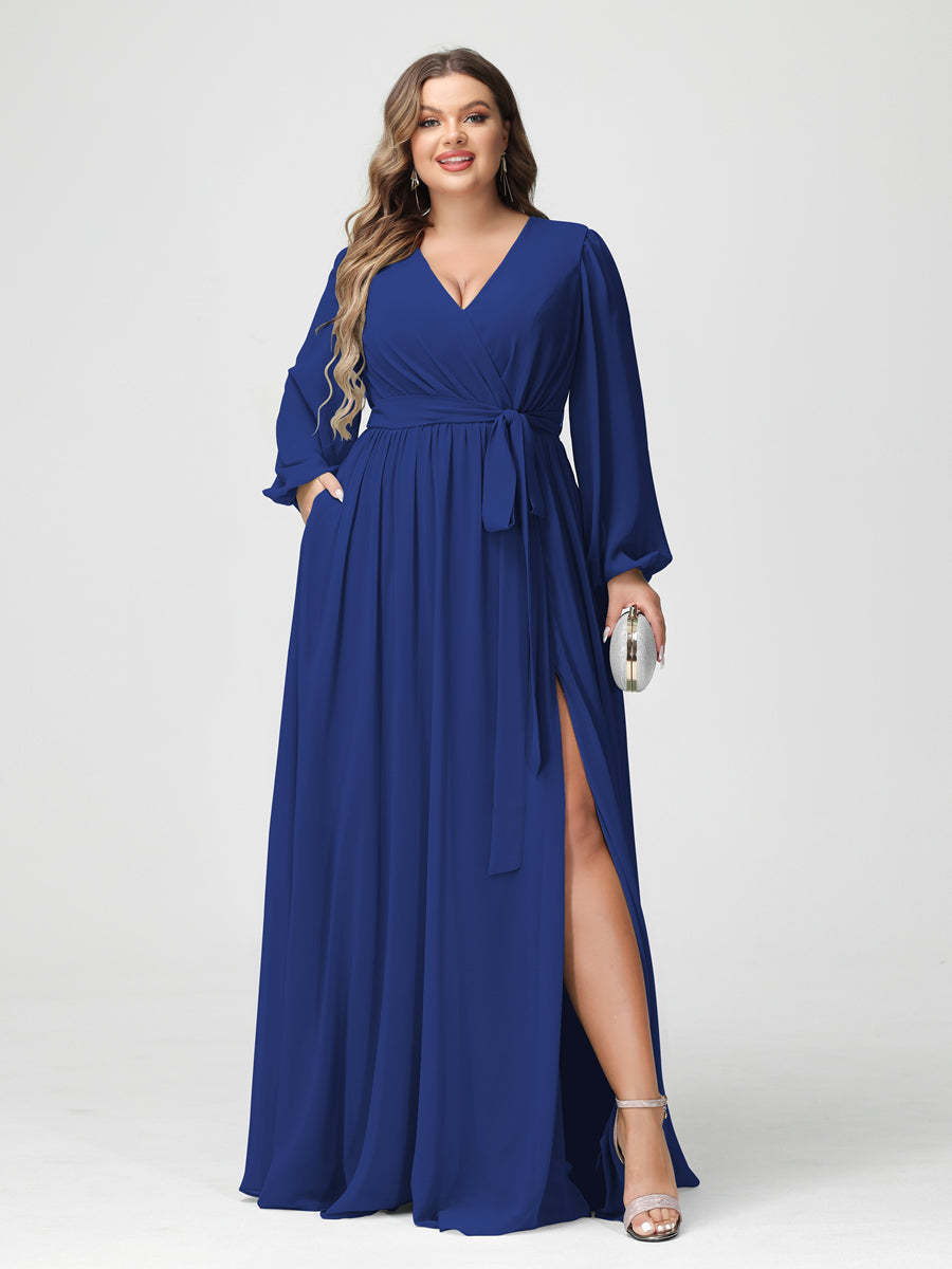 Plus Size Chiffon Bridesmaid Dresses with Pockets – A-Line/Princess V-Neck Long Sleeves