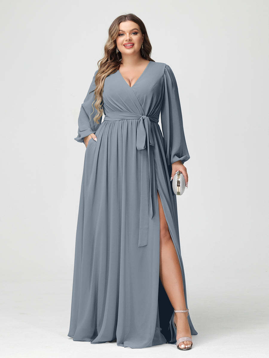 Plus Size Chiffon Bridesmaid Dresses with Pockets – A-Line/Princess V-Neck Long Sleeves