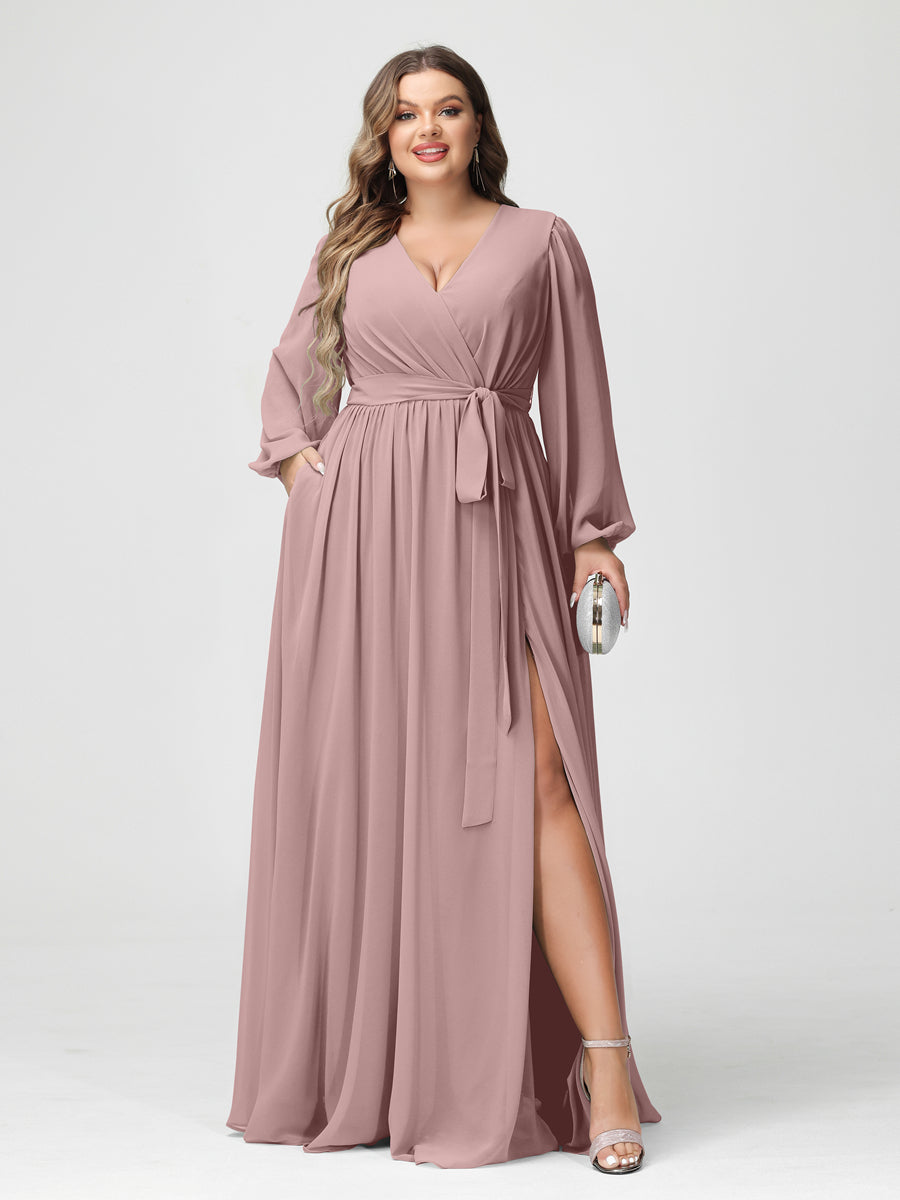 Plus Size Chiffon Bridesmaid Dresses with Pockets – A-Line/Princess V-Neck Long Sleeves