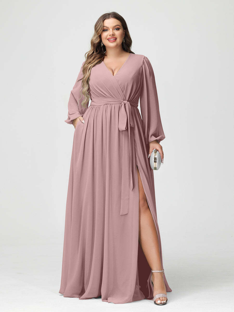 Plus Size Chiffon Bridesmaid Dresses with Pockets – A-Line/Princess V-Neck Long Sleeves
