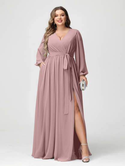 Plus Size Chiffon Bridesmaid Dresses with Pockets – A-Line/Princess V-Neck Long Sleeves
