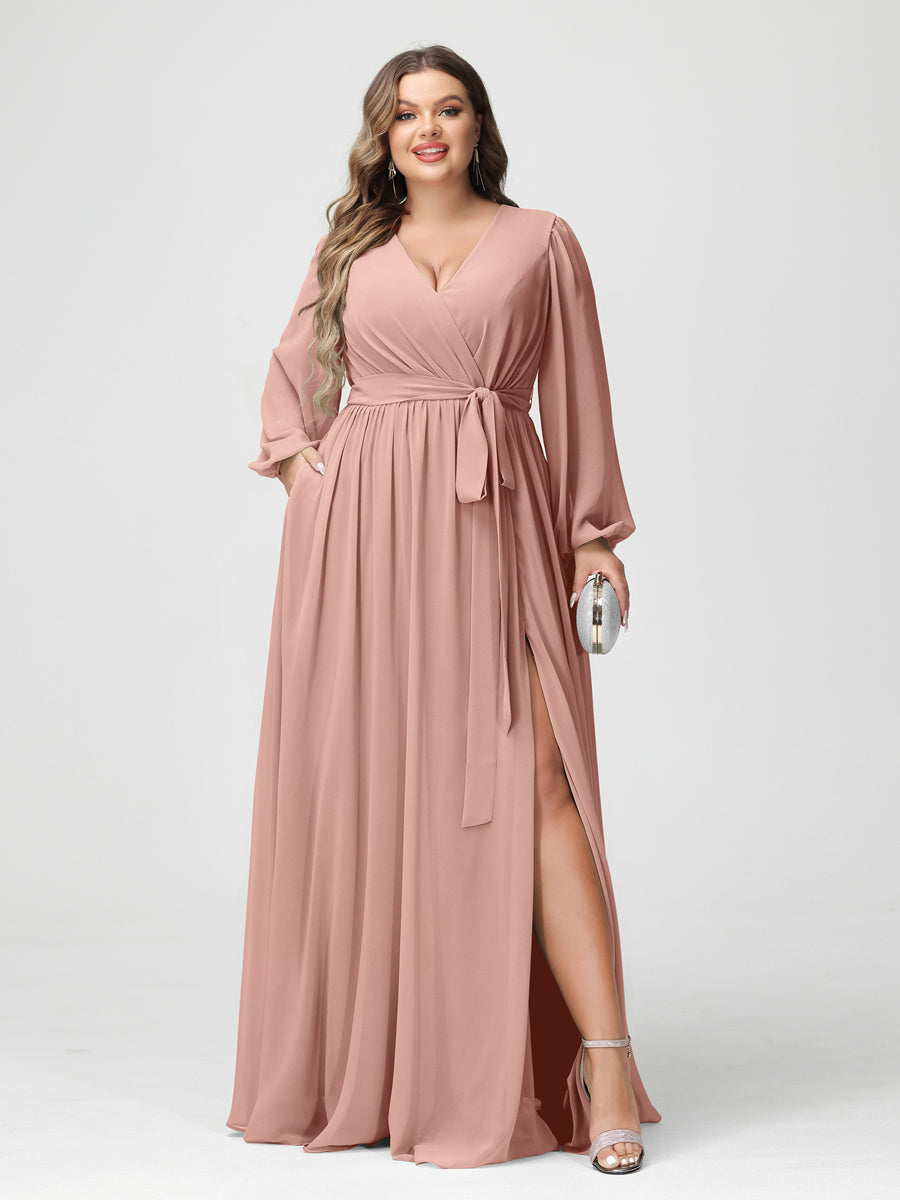 Plus Size Chiffon Bridesmaid Dresses with Pockets – A-Line/Princess V-Neck Long Sleeves