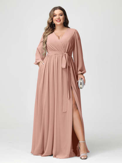 Plus Size Chiffon Bridesmaid Dresses with Pockets – A-Line/Princess V-Neck Long Sleeves