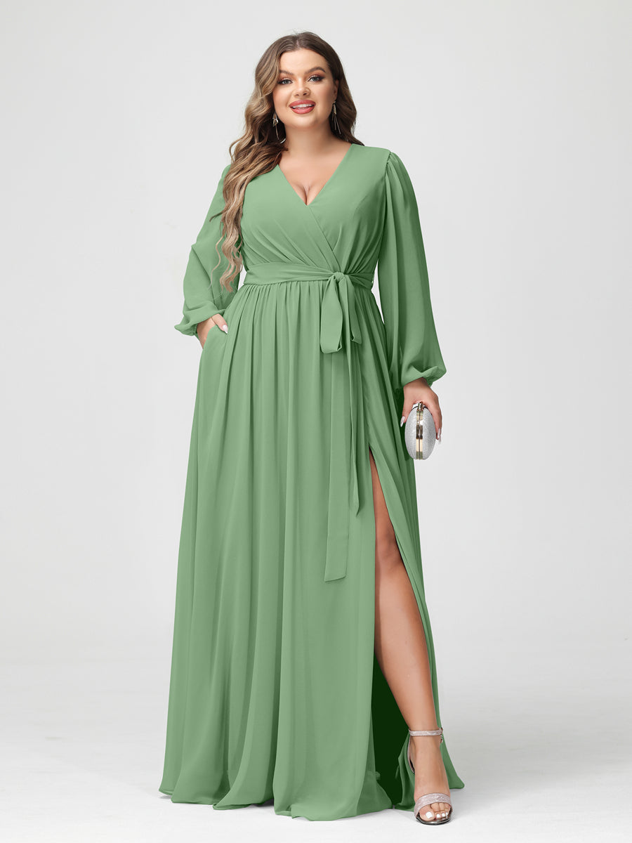 Plus Size Chiffon Bridesmaid Dresses with Pockets – A-Line/Princess V-Neck Long Sleeves